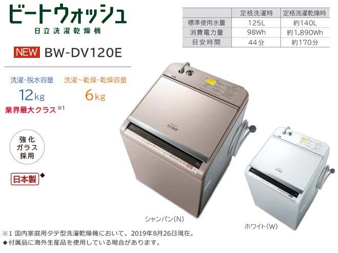 楽天市場】日立グローバルライフソリューションズ HITACHI ビートウォッシュ タテ型洗濯乾燥機 BW-DV120E(N) | 価格比較 -  商品価格ナビ