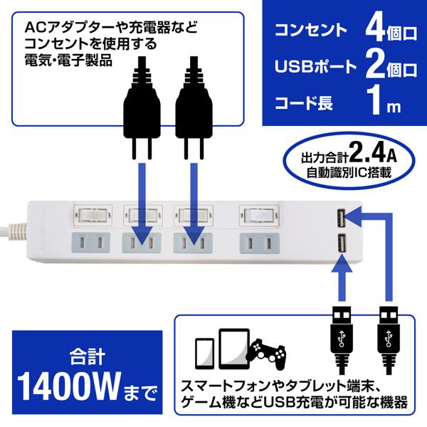 STYLED USB充電ポート付電源タップ STP4UA2W-1