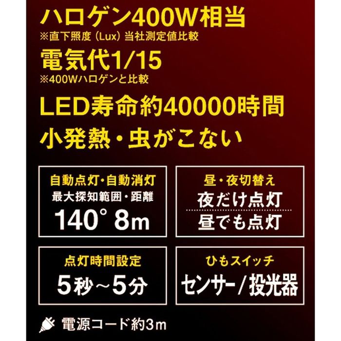 ムサシ 12W*2灯 フリーアーム式 LED センサーライト コンセントタイプ LED-AC2024(1台)