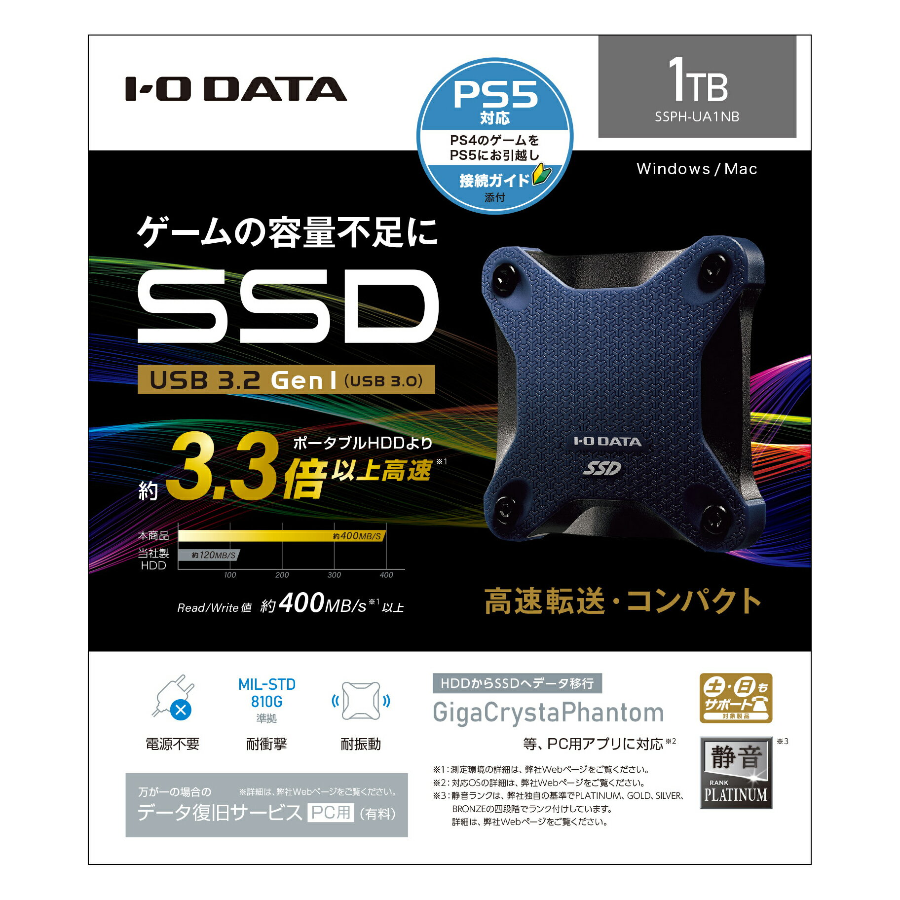楽天市場】アイ・オー・データ機器 I・O DATA USB 3.2 Gen 1(USB 3.0)/2.0対応ポータブルSSD 1TB SSPH- UA1NB | 価格比較 - 商品価格ナビ