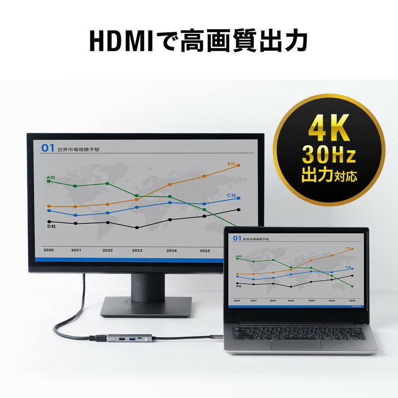 サンワサプライ USB Type-Cハブ ガンメタ 400-HUB086GM
