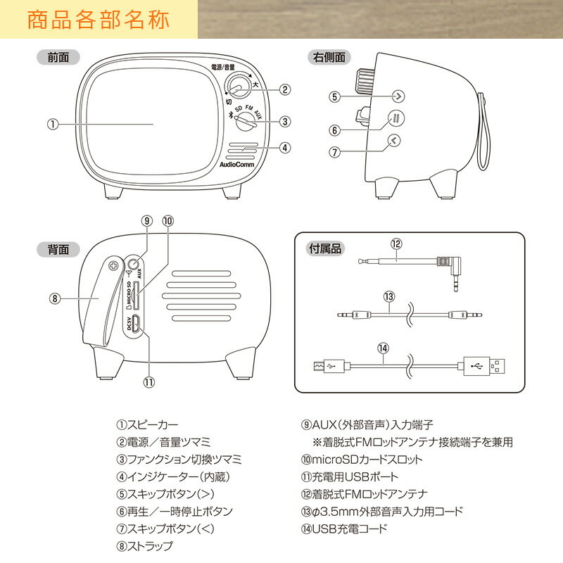 楽天市場】オーム電機 AudioComm Bluetoothスピーカー レトロ 木目調