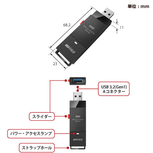 BUFFALO バッファロー モデル SSD-PUT1.0U3BC/D USB 3.2 Gen1 対応ポータブルSSD 1TB ケーブルレス 直挿し